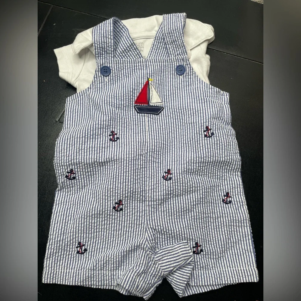 Baby Bundle 3 months embroidered Nautical Striped Overalls